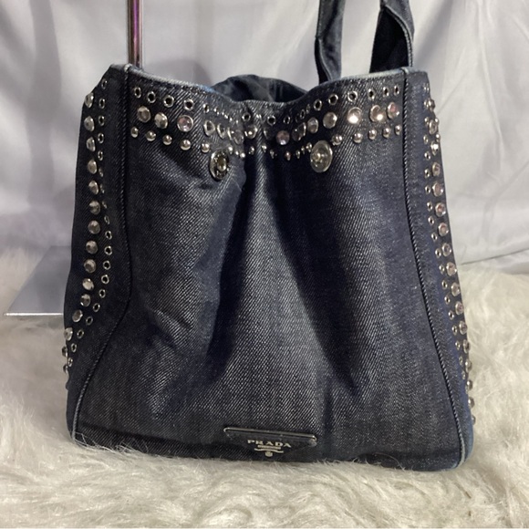 SOLD………Prada Canapa Studded Grommet Embellished Denim Tote w/ Long Strap RARE - Picture 4 of 16